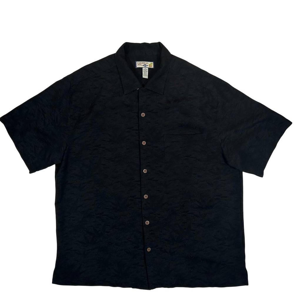 Caribbean Joe Mens XL Black Tropical Palm Jacquard Short Sleeve Button Up Shirt